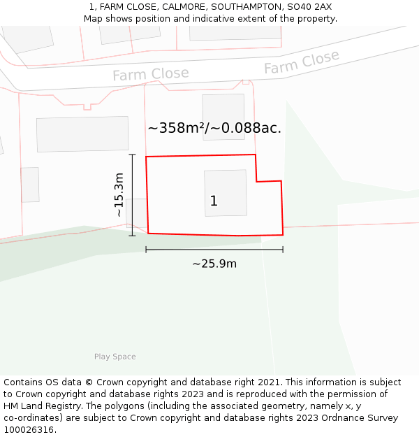 1, FARM CLOSE, CALMORE, SOUTHAMPTON, SO40 2AX: Plot and title map