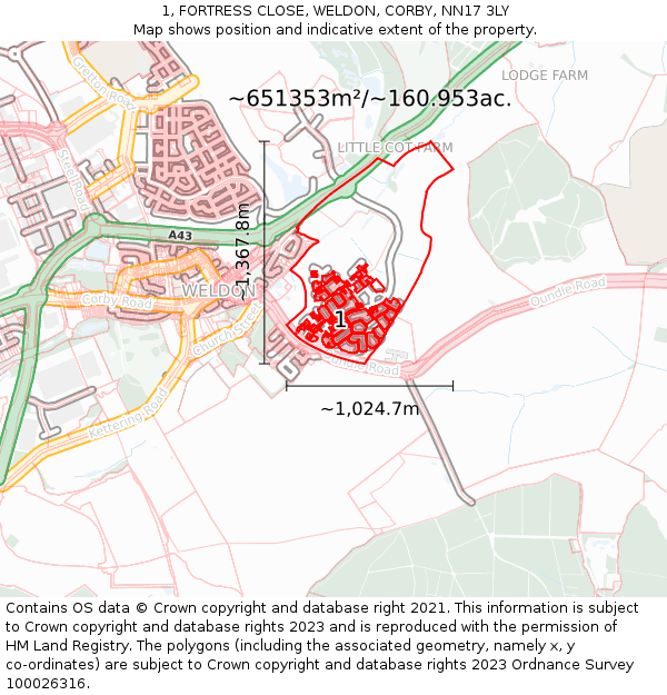1, FORTRESS CLOSE, WELDON, CORBY, NN17 3LY: Plot and title map