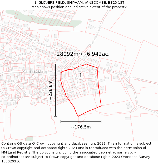 1, GLOVERS FIELD, SHIPHAM, WINSCOMBE, BS25 1ST: Plot and title map