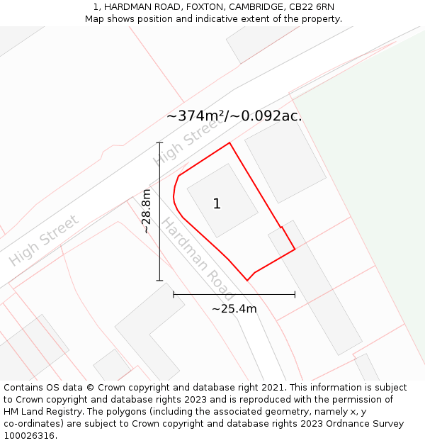 1, HARDMAN ROAD, FOXTON, CAMBRIDGE, CB22 6RN: Plot and title map