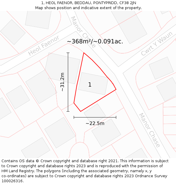 1, HEOL FAENOR, BEDDAU, PONTYPRIDD, CF38 2JN: Plot and title map