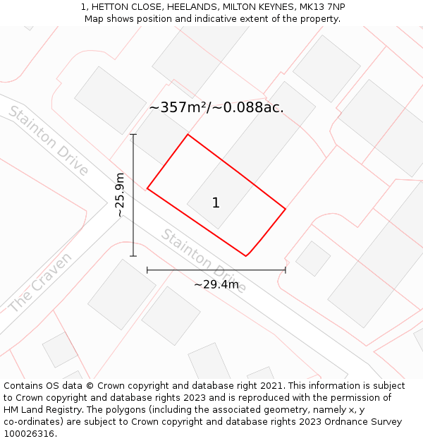 1, HETTON CLOSE, HEELANDS, MILTON KEYNES, MK13 7NP: Plot and title map