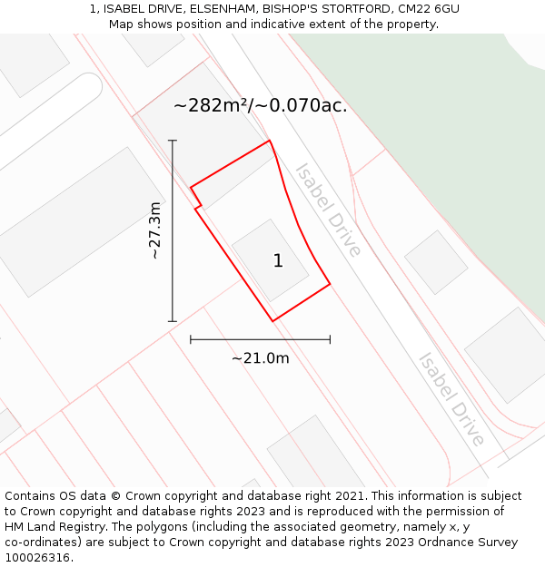 1, ISABEL DRIVE, ELSENHAM, BISHOP'S STORTFORD, CM22 6GU: Plot and title map