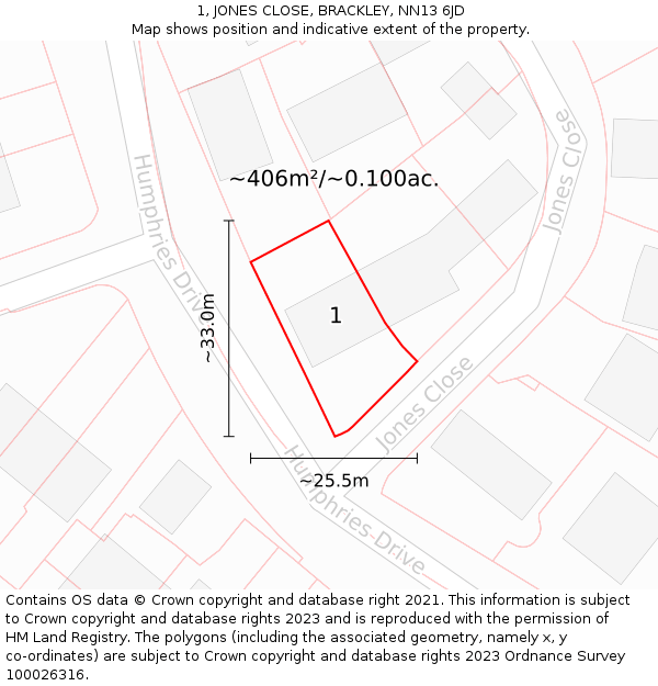 1, JONES CLOSE, BRACKLEY, NN13 6JD: Plot and title map
