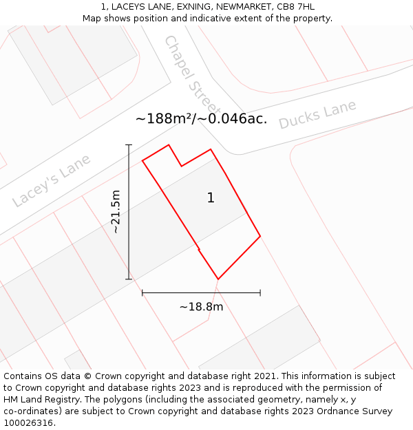 1, LACEYS LANE, EXNING, NEWMARKET, CB8 7HL: Plot and title map