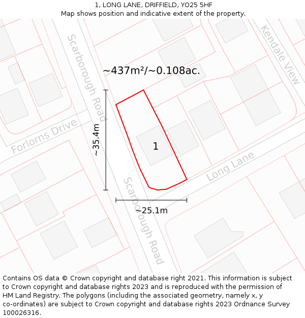 1, LONG LANE, DRIFFIELD, YO25 5HF: Plot and title map