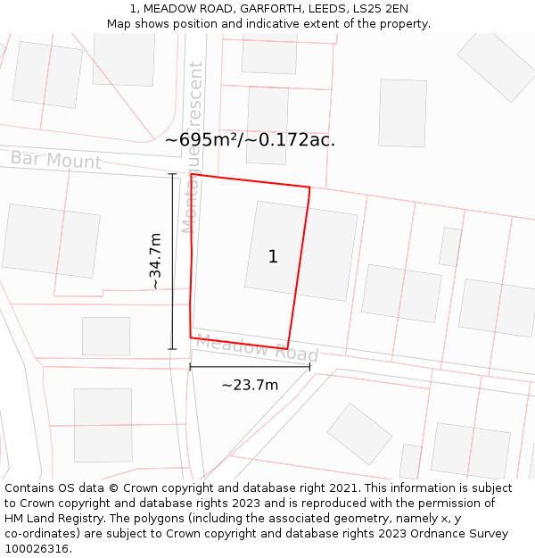 1, MEADOW ROAD, GARFORTH, LEEDS, LS25 2EN: Plot and title map