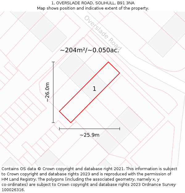 1, OVERSLADE ROAD, SOLIHULL, B91 3NA: Plot and title map