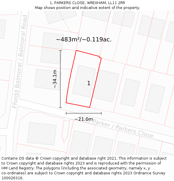 1, PARKERS CLOSE, WREXHAM, LL11 2RR: Plot and title map