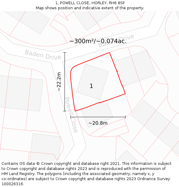 1, POWELL CLOSE, HORLEY, RH6 8SF: Plot and title map