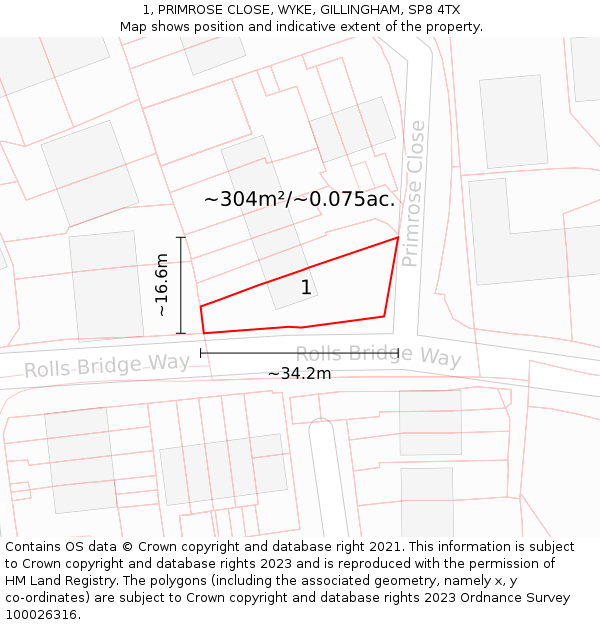 1, PRIMROSE CLOSE, WYKE, GILLINGHAM, SP8 4TX: Plot and title map