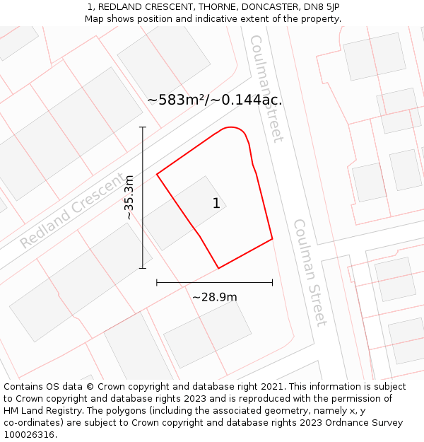 1, REDLAND CRESCENT, THORNE, DONCASTER, DN8 5JP: Plot and title map