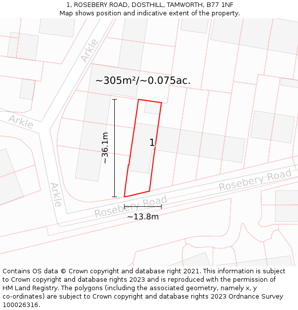 1, ROSEBERY ROAD, DOSTHILL, TAMWORTH, B77 1NF: Plot and title map