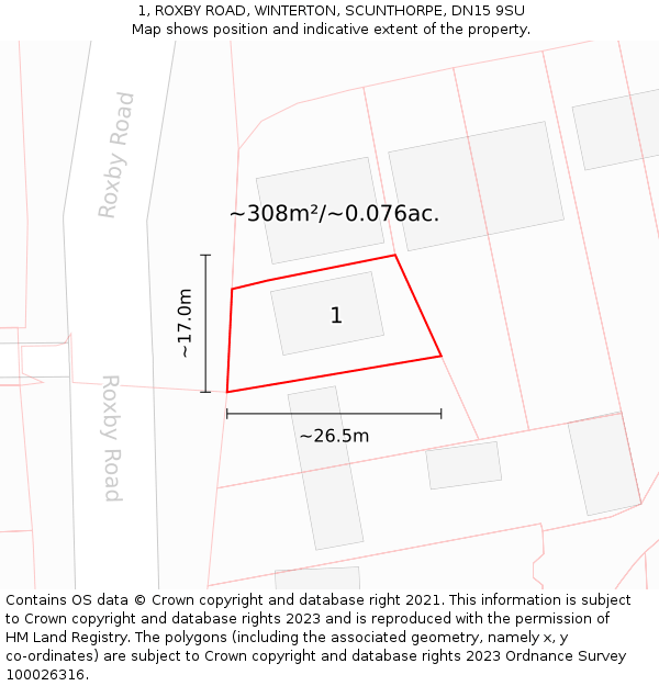 1, ROXBY ROAD, WINTERTON, SCUNTHORPE, DN15 9SU: Plot and title map