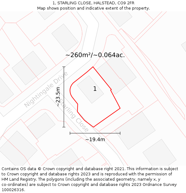 1, STARLING CLOSE, HALSTEAD, CO9 2FR: Plot and title map