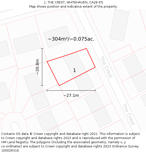1, THE CREST, WHITEHAVEN, CA28 6TJ: Plot and title map