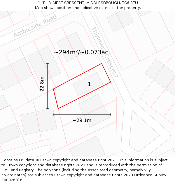 1, THIRLMERE CRESCENT, MIDDLESBROUGH, TS6 0EU: Plot and title map