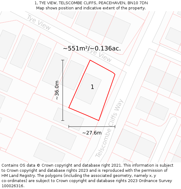 1, TYE VIEW, TELSCOMBE CLIFFS, PEACEHAVEN, BN10 7DN: Plot and title map