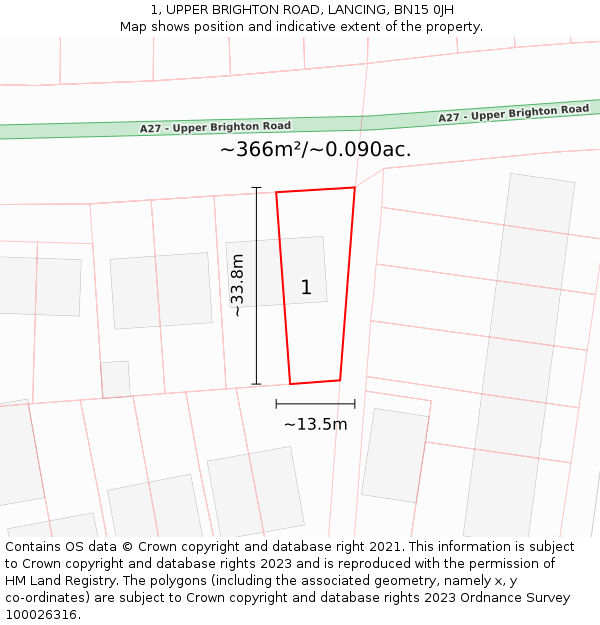 1, UPPER BRIGHTON ROAD, LANCING, BN15 0JH: Plot and title map