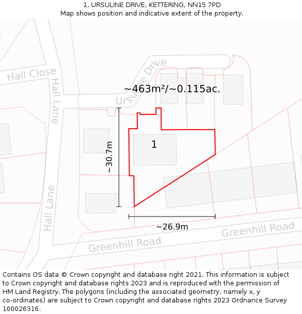 1, URSULINE DRIVE, KETTERING, NN15 7PD: Plot and title map