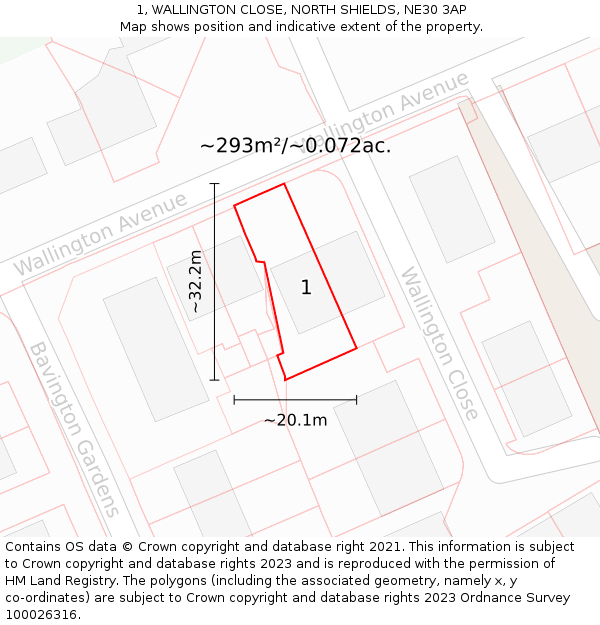 1, WALLINGTON CLOSE, NORTH SHIELDS, NE30 3AP: Plot and title map
