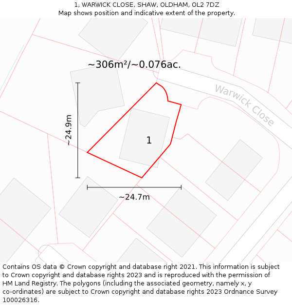 1, WARWICK CLOSE, SHAW, OLDHAM, OL2 7DZ: Plot and title map