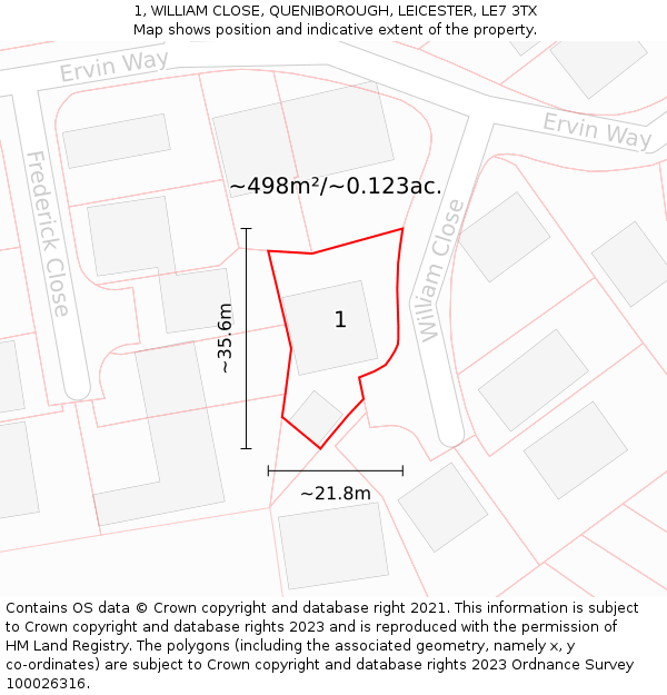 1, WILLIAM CLOSE, QUENIBOROUGH, LEICESTER, LE7 3TX: Plot and title map