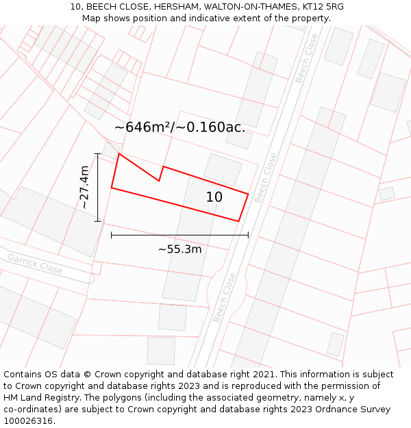 10, BEECH CLOSE, HERSHAM, WALTON-ON-THAMES, KT12 5RG: Plot and title map
