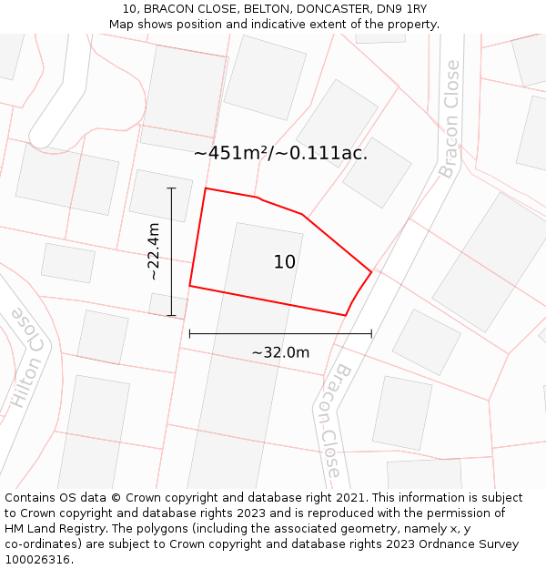 10, BRACON CLOSE, BELTON, DONCASTER, DN9 1RY: Plot and title map