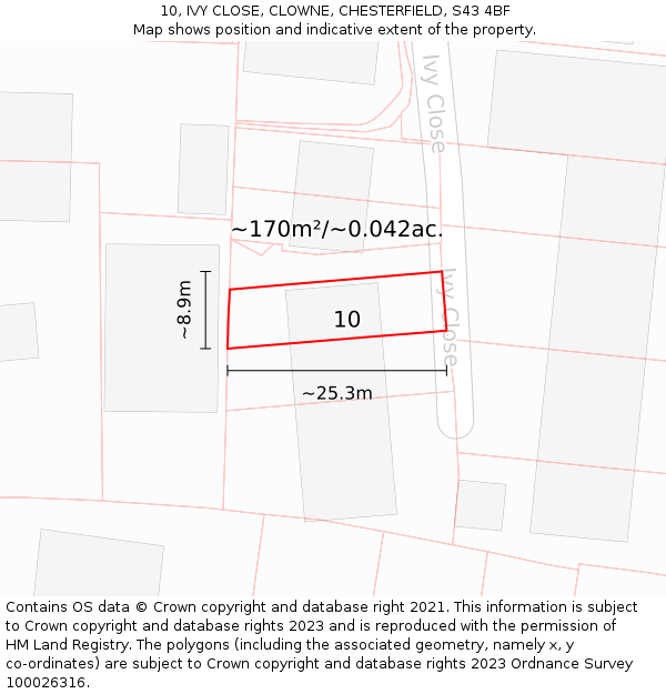 10, IVY CLOSE, CLOWNE, CHESTERFIELD, S43 4BF: Plot and title map