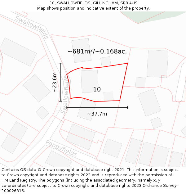 10, SWALLOWFIELDS, GILLINGHAM, SP8 4US: Plot and title map