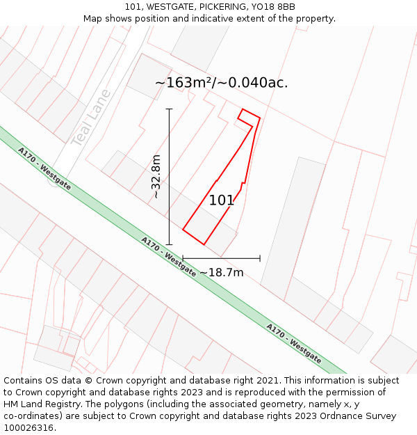 101, WESTGATE, PICKERING, YO18 8BB: Plot and title map