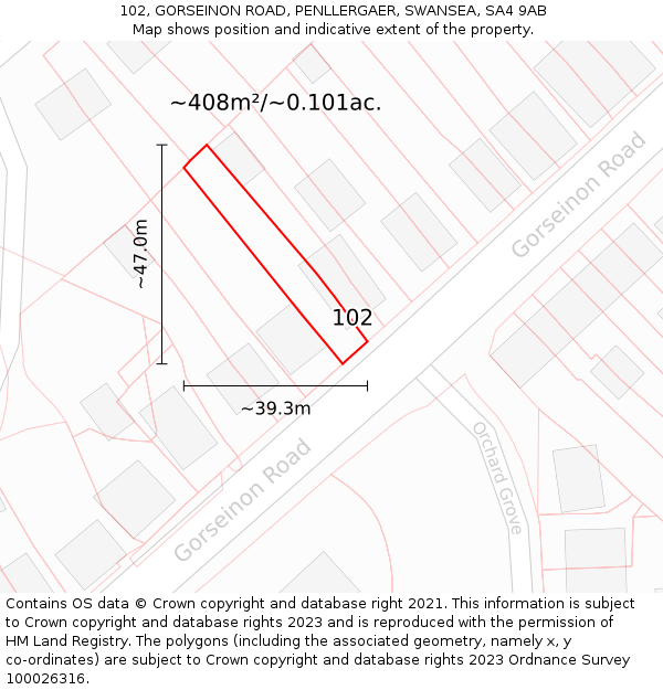 102, GORSEINON ROAD, PENLLERGAER, SWANSEA, SA4 9AB: Plot and title map