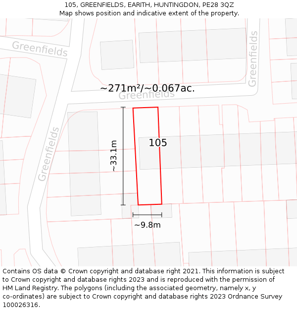 105, GREENFIELDS, EARITH, HUNTINGDON, PE28 3QZ: Plot and title map