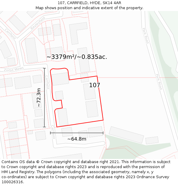 107, CARRFIELD, HYDE, SK14 4AR: Plot and title map