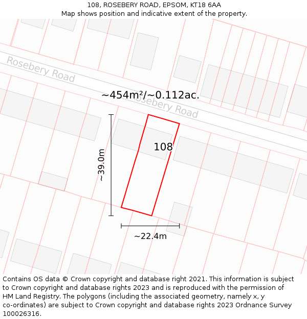 108, ROSEBERY ROAD, EPSOM, KT18 6AA: Plot and title map