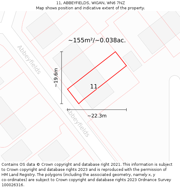 11, ABBEYFIELDS, WIGAN, WN6 7NZ: Plot and title map