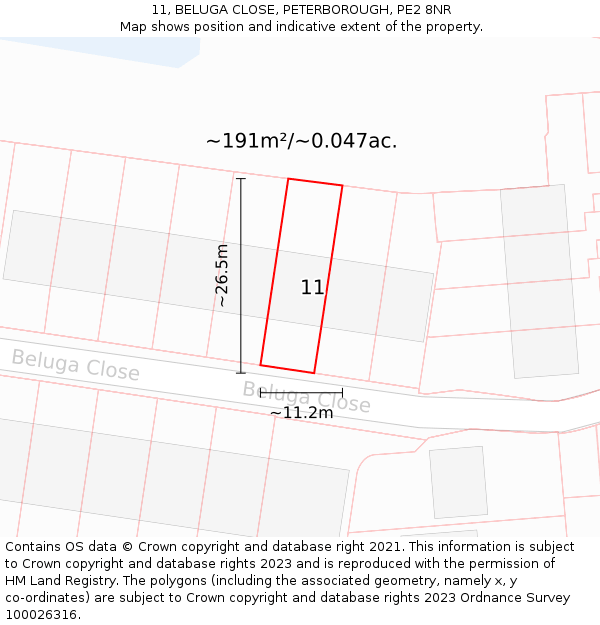 11, BELUGA CLOSE, PETERBOROUGH, PE2 8NR: Plot and title map