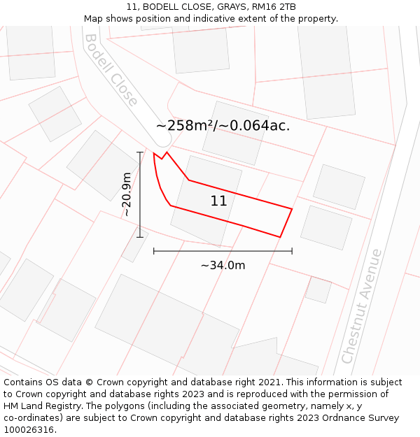 11, BODELL CLOSE, GRAYS, RM16 2TB: Plot and title map