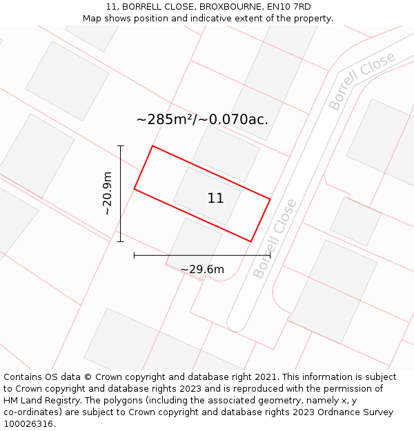 11, BORRELL CLOSE, BROXBOURNE, EN10 7RD: Plot and title map