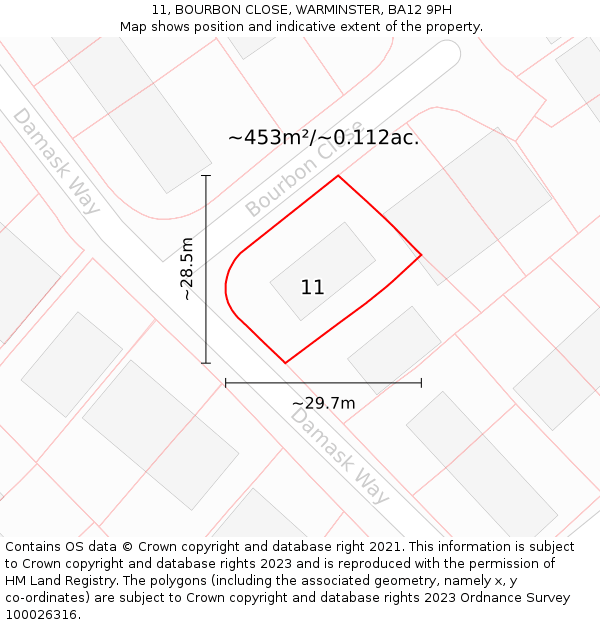 11, BOURBON CLOSE, WARMINSTER, BA12 9PH: Plot and title map