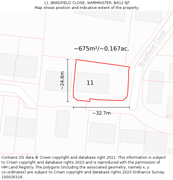 11, BRADFIELD CLOSE, WARMINSTER, BA12 9JT: Plot and title map
