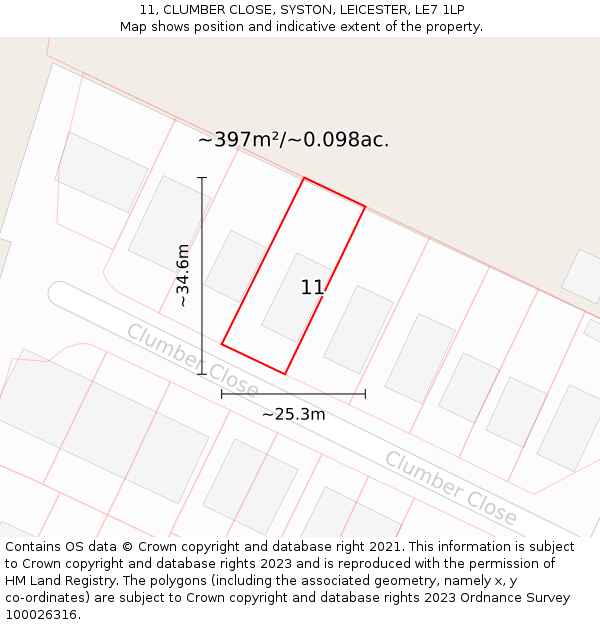 11, CLUMBER CLOSE, SYSTON, LEICESTER, LE7 1LP: Plot and title map