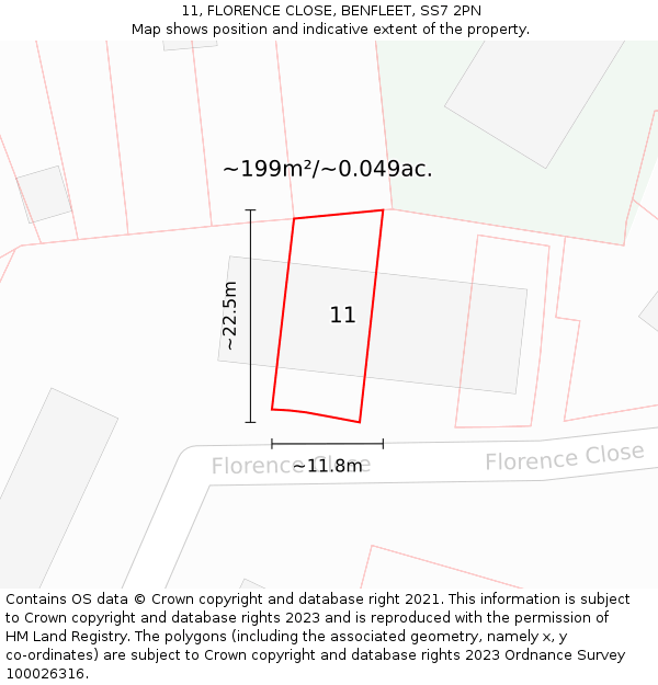 11, FLORENCE CLOSE, BENFLEET, SS7 2PN: Plot and title map
