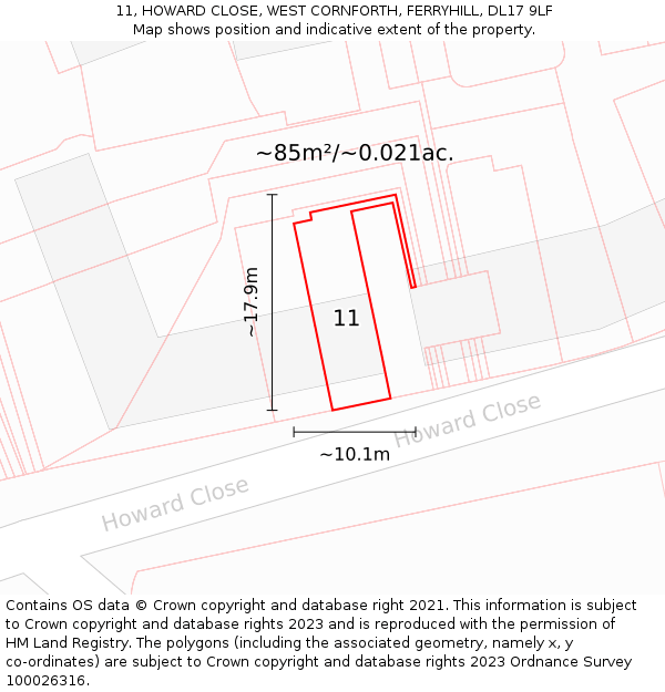 11, HOWARD CLOSE, WEST CORNFORTH, FERRYHILL, DL17 9LF: Plot and title map