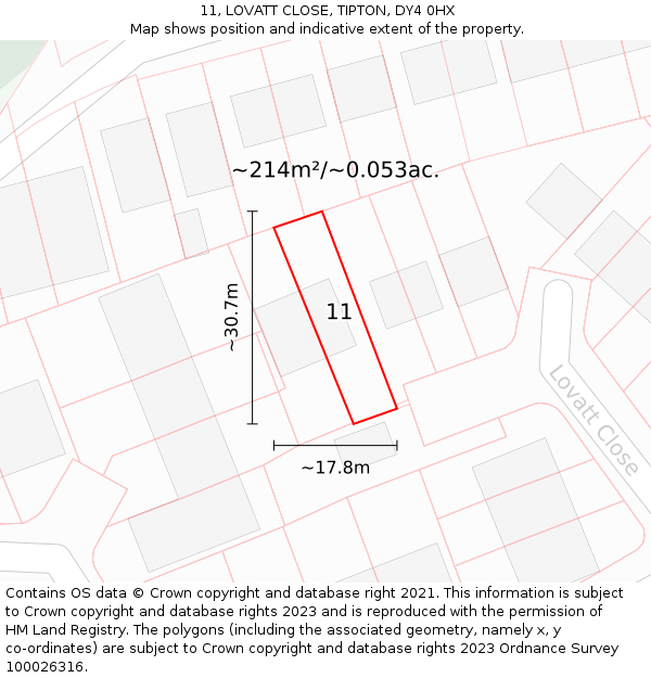 11, LOVATT CLOSE, TIPTON, DY4 0HX: Plot and title map