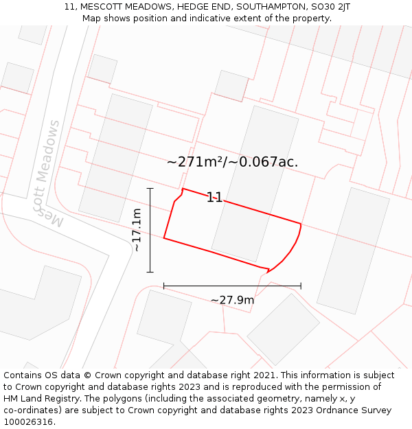 11, MESCOTT MEADOWS, HEDGE END, SOUTHAMPTON, SO30 2JT: Plot and title map