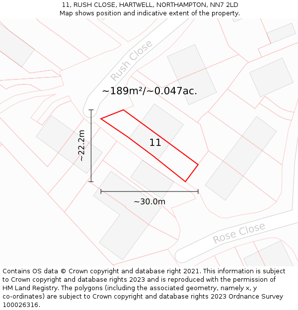 11, RUSH CLOSE, HARTWELL, NORTHAMPTON, NN7 2LD: Plot and title map