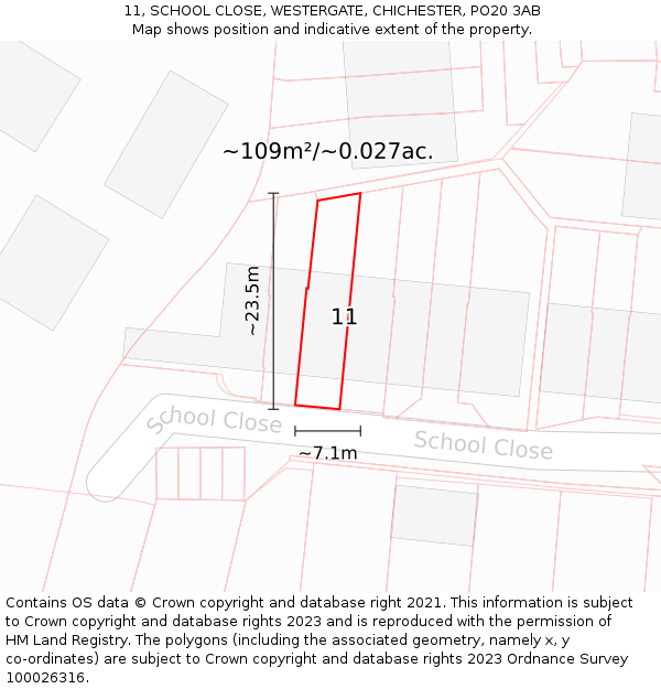 11, SCHOOL CLOSE, WESTERGATE, CHICHESTER, PO20 3AB: Plot and title map