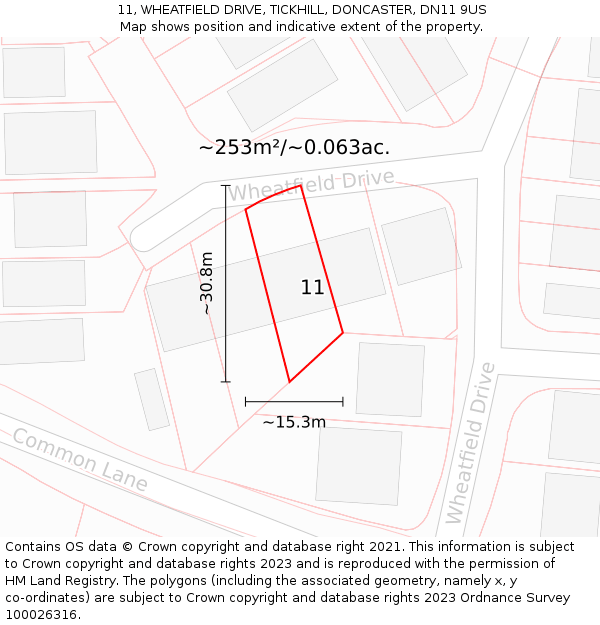 11, WHEATFIELD DRIVE, TICKHILL, DONCASTER, DN11 9US: Plot and title map